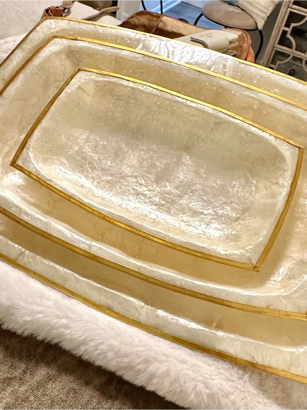 Luxury Capiz Shell Bath Tray with Gold Trim - Cream
